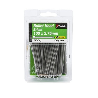 Paslode 100 x 3.75mm 500g Bright Steel Bullet Head Nails - 50 pieces