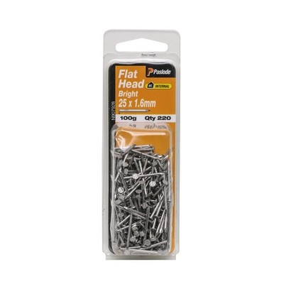 Paslode 25 x 1.6mm 100g Bright Steel Flat Head Nails - 220 pieces