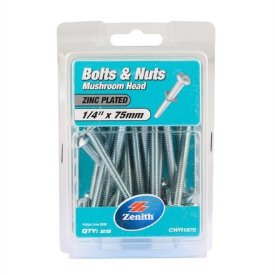 Zenith 1/4" x 75mm Zinc Plated Mushroom Head Bolts And Nuts - 25 pieces