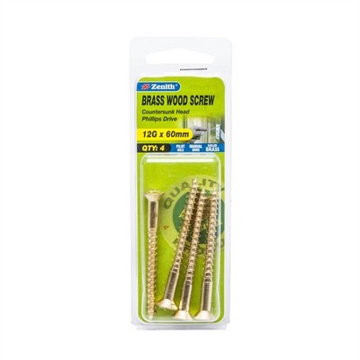 Zenith 12G x 60mm Solid Brass Countersunk Head Wood Screws - 4 pieces