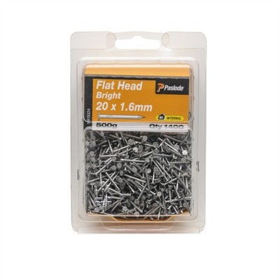 Paslode 20 x 1.6mm 500g Bright Steel Flat Head Nails - 1400 pieces