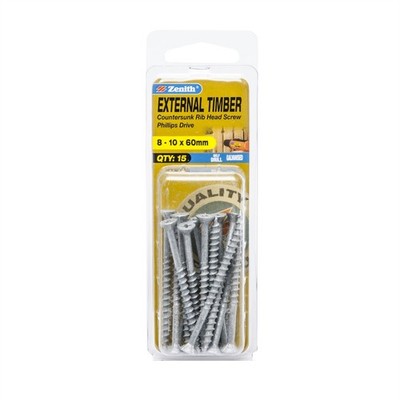 Zenith 8 - 10 x 60mm Galvanised Countersunk Rib Head External Timber 2 pcs