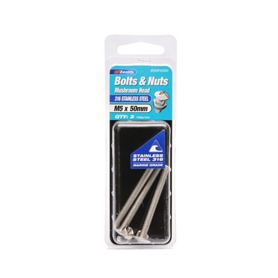 Zenith M5 x 50mm 316 Stainless Steel Mushroom Head Bolt And Nut 2 pcs