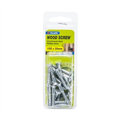 Zenith 10G x 30mm Zinc Plated Countersunk Head Wood Screws 2 pcs