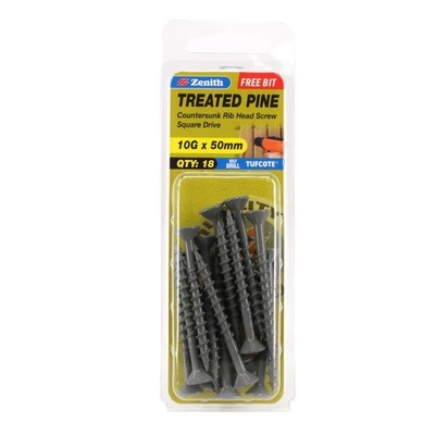 Zenith 10G x 50mm Tufcote® Countersunk Rib Head Treated Pine Screws 2 pcs