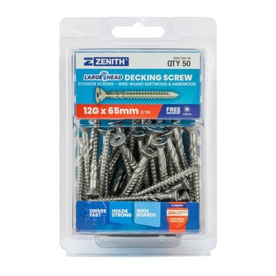 Zenith Large Head Decking Screw T25 12G x 65mm SS304 - 50 pieces