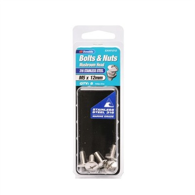 Zenith M5 x 12mm 316 Stainless Steel Mushroom Head Bolt And Nut - 5 pieces