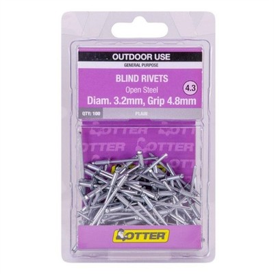 Otter 3.2 x 4.8mm Open Steel Blind Rivets - 100 pieces