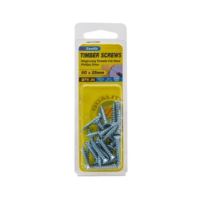 Zenith 8G x 25mm Zinc Plated Hinge-Long Threads Countersunk Head 2 pieces