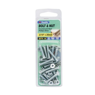 Zenith 3/16" x 25mm Zinc Plated Countersunk Bolt And Nut 2 pcs