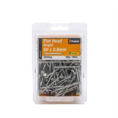 Paslode 50 x 2.8mm 500g Bright Steel Flat Head Nails - 180 pieces