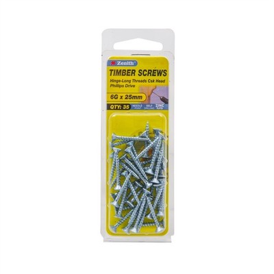 Zenith 6G x 25mm Zinc Plated Hinge-Long Thread Countersunk Head Timber 2 pieces