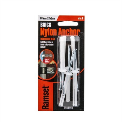 Ramset 6.5 x 50mm Mushroom Head Brick Nylon Anchor - 6 pieces