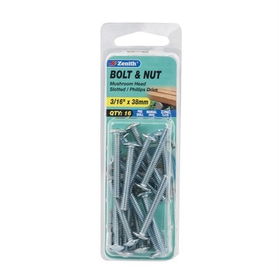 Zenith 3/16" x 38mm Zinc Plated Mushroom Head Bolt And Nut - 16 pieces