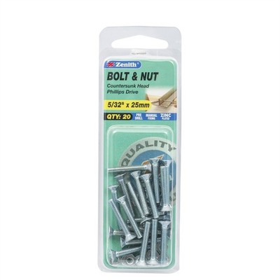 Zenith 5/32" x 25mm Zinc Plated Countersunk Head Bolt and Nut 2 pcs