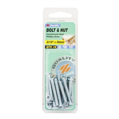 Zenith 3/16" x 38mm Zinc Plated Countersunk Bolt And Nut - 15 pieces