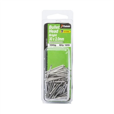 Paslode 30 x 2.0mm 100g Bright Steel Bullet Head Nails - 120 pieces