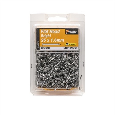 Paslode 25 x 1.6mm 500g Bright Steel Flat Head Nails - 1100 pieces