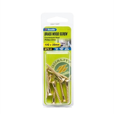 Zenith 10G x 40mm Solid Brass Countersunk Head Wood Screws - 8 pieces