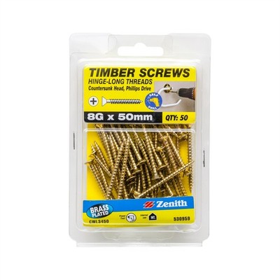 Zenith 8G x 50mm Brass Plated Hinge-Long Thread Countersunk Head Timber Screws -