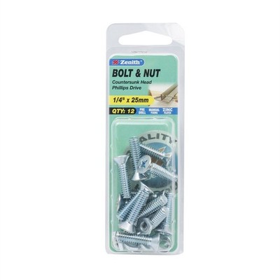 Zenith 1/4" x 25mm Zinc Plated Countersunk Head Bolt and Nut - 12 pieces