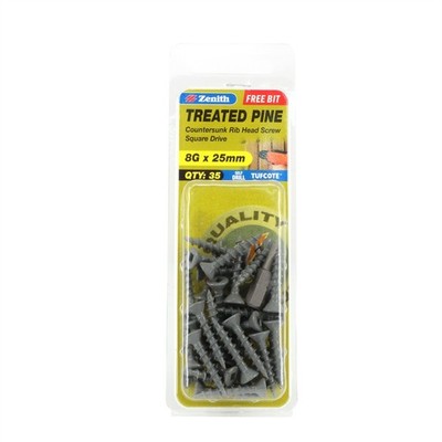 Zenith 8G x 25mm Tufcote® Countersunk Rib Head Treated Pine Screws 2 pcs
