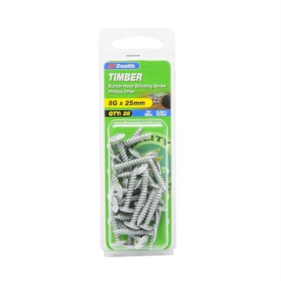 Zenith 8G x 25mm Galvanised Button Head Stitching Timber Screws - 28 pieces