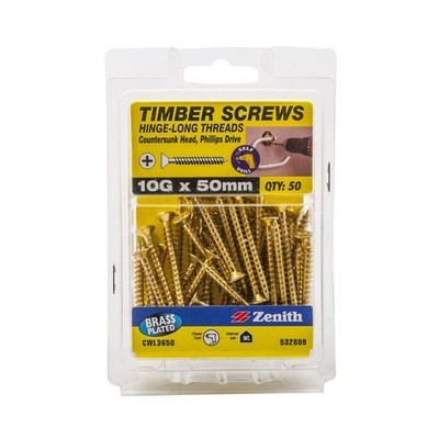 Zenith 10G x 50mm Brass Plated Hinge-Long Thread Countersunk Head Timber Screws