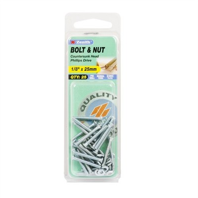 Zenith 1/8" x 25mm Zinc Plated Countersunk Bolt And Nut 2 pcs