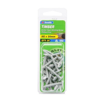 Zenith 8G x 30mm Galvanised Button Head Stitching Timber Screws - 25 pieces