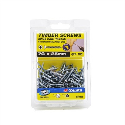 Zenith 7G x 25mm Zinc Plated Hinge-Long Thread Countersunk Head Timber 2 pieces