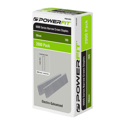 PowerFit 28mm 6000 Series Electro-Galvanised Narrow Crown Staples - 2000 pieces