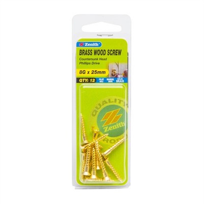 Zenith 8G x 25mm Solid Brass Countersunk Head Wood Screws - 12 pieces