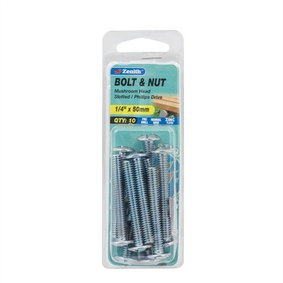 Zenith 1/4" x 50mm Zinc Plated Mushroom Head Bolt And Nut - 10 pieces