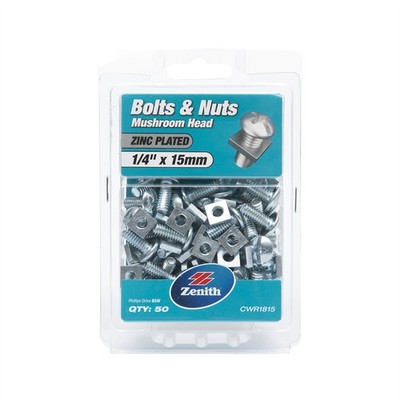 Zenith 1/4" x 15mm Zinc Plated Mushroom Head Bolts And Nuts - 50 pieces
