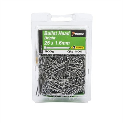 Paslode 25 x 1.6mm 500g Bright Steel Bullet Head Nails - 1100 pieces