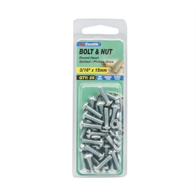 Zenith 3/16" x 15mm Zinc Plated Round Head Bolt And Nut - 25 pieces