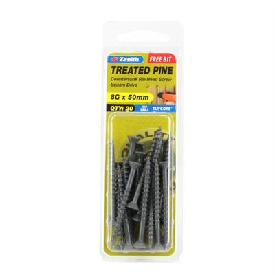 Zenith 8G x 50mm Tufcote® Countersunk Rib Head Treated Pine Screws 2 pcs