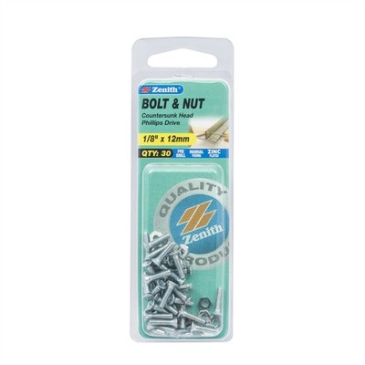 Zenith 1/8" x 12mm Zinc Plated Countersunk Bolt And Nut 2 pcs