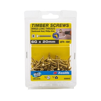 Zenith 6G x 20mm Brass Plated Hinge-Long Thread Countersunk Head Timber Screws -