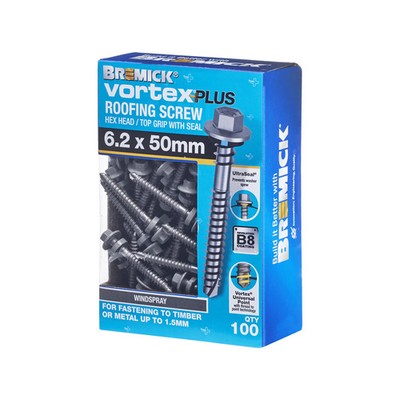 Bremick Vortex Plus Roofing Screw 6.2 x 50mm HEX B8 WS BOX 100