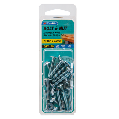 Zenith 3/16" x 25mm Zinc Plated Mushroom Head Bolt And Nut 2 pcs