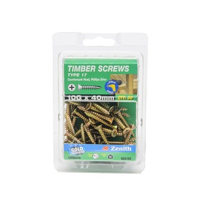 Zenith 10G x 40mm Gold Passivated Type 17 Countersunk Head Timber Screws - 50 Pa