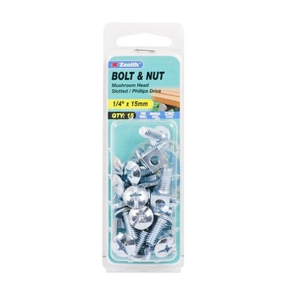 Zenith 1/4" x 15mm Zinc Plated Mushroom Head Bolt And Nut - 15 pieces