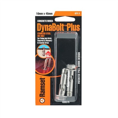 Ramset 10 x 45mm Stainless Steel DynaBolt Plus Hex Nut Bolt - 2 pieces