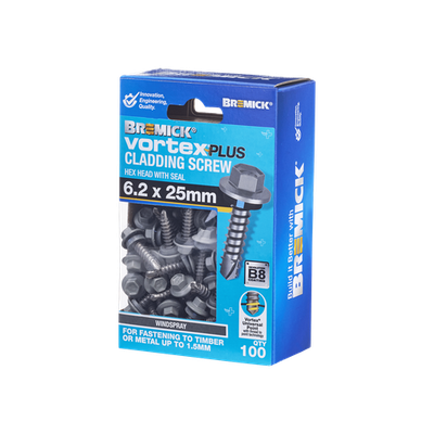 Bremick Vortex Plus Cladding Screw 6.2 x 25mm HEX B8 WS BOX 100