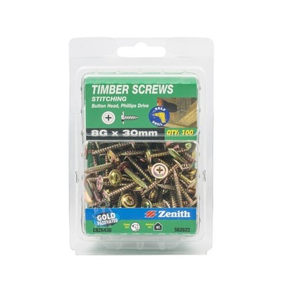 Zenith 8G x 30mm Gold Passivated Button Head Timber Screws - 100 pieces