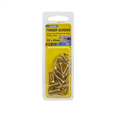 Zenith 6G x 20mm Brass Plated Hinge-Long Threads Countersunk Head 2 pieces