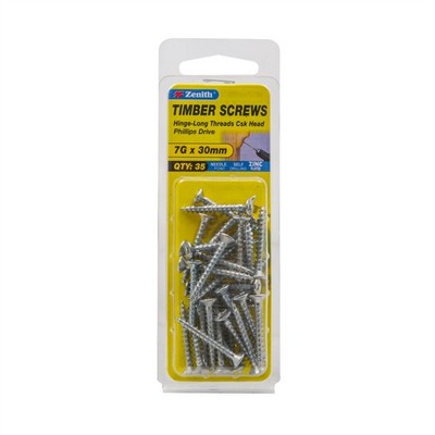 Zenith 7G x 30mm Zinc Plated Hinge-Long Thread Countersunk Head Timber 2 pieces