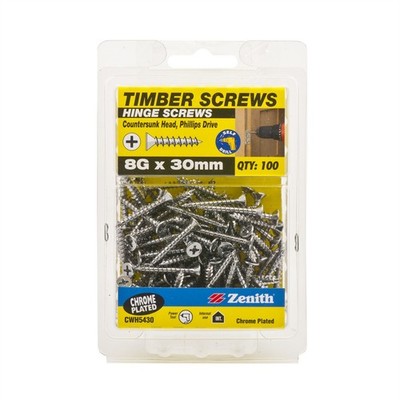 Zenith 8G x 30mm Chrome Plated Countersunk Head Hinge Timber Screws - 100 pieces